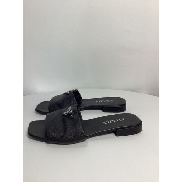 Prada Triangle-Logo Plaque Slide Flat Sandals in Black Leather - Picture 9 of 12
